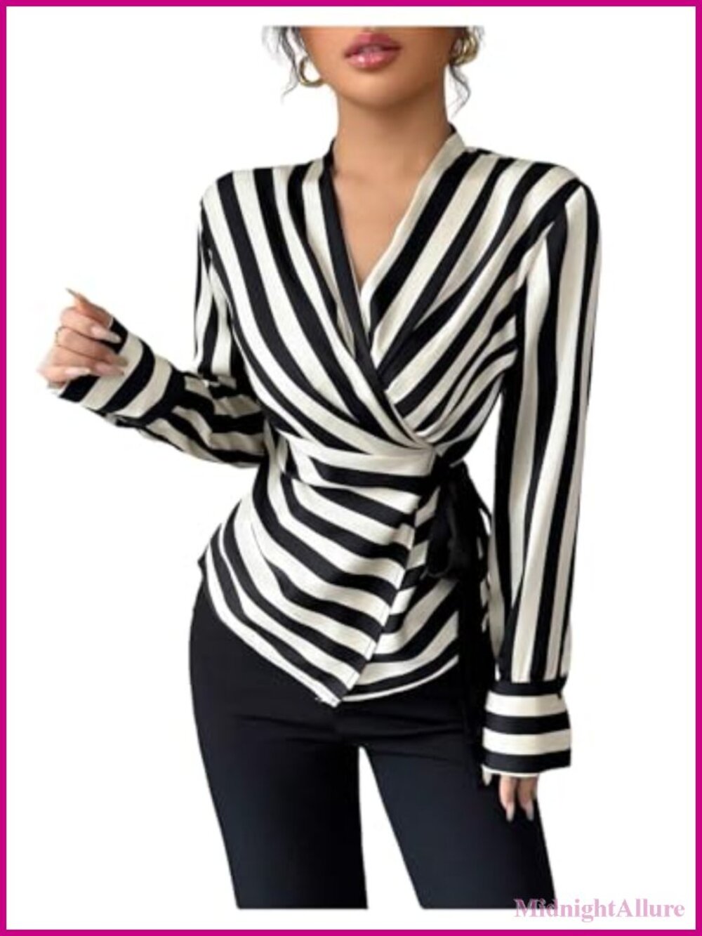 Women's Long Sleeve Wrap V-Neck Striped Blouse Top Ruched Tie Side